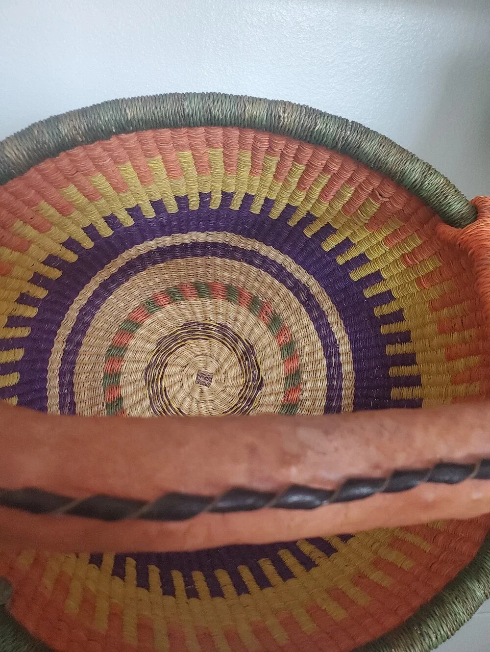 Large Colorful Basket Leather Handle Home Decor Boho Farmhouse Coastal Western